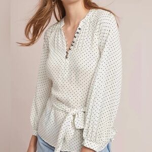 Anthropologie, Maeve Lucy polka dot blouse, a flattering tie waist.